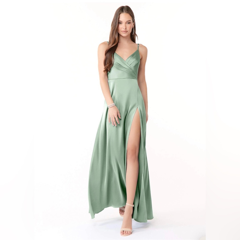 Bridesmaids dress: AZAZIE DALILAH STRETCH SATIN DRESS; Color: Agave; Size: A10